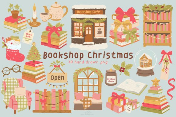 Bookshop Christmas Clipart: Cozy Illustrations for Handmade Sellers