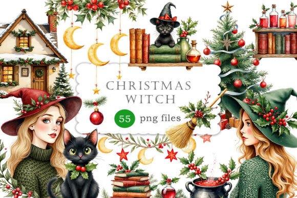 Christmas Witch Magic Winter Watercolor Illustrations
