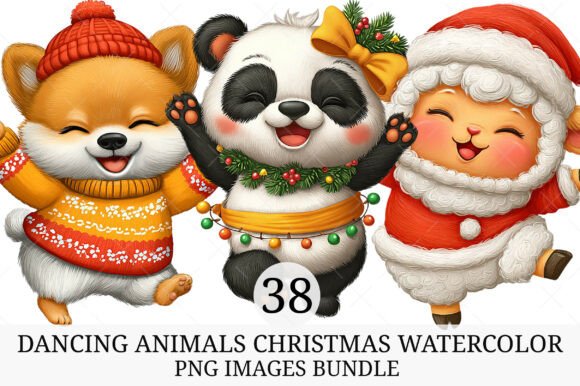 Dancing Animals Christmas Watercolor PNG