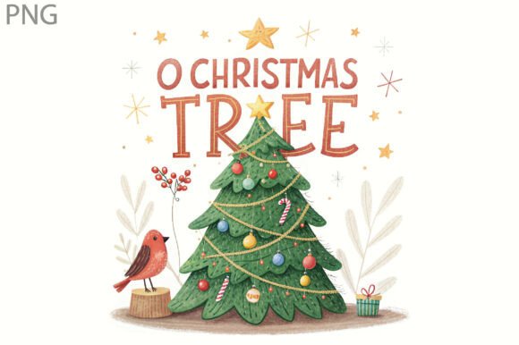 O Christmas Tree Cardinal Hand-Drawn Png Illustrations