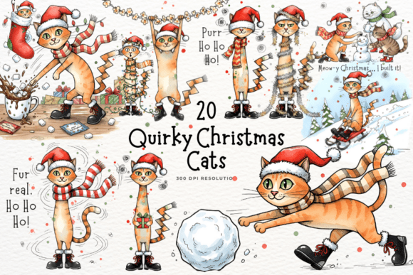 Quirky Doodle Christmas Cat Clipart for Illustrations