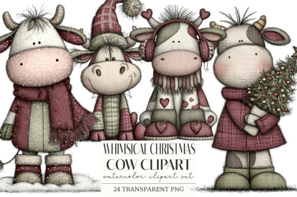 Whimsical Christmas Cow Clipart PNG for Illustrations