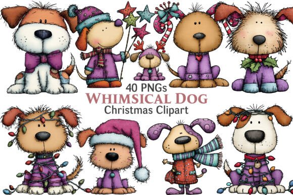 Whimsical Christmas Dog Clipart Bundle for Illustrations