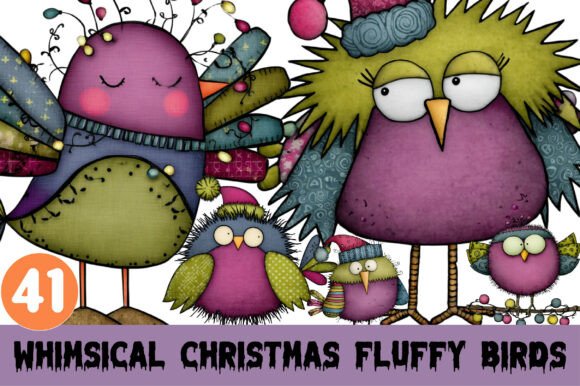Whimsical Christmas Fluffy Birds Clipart Review