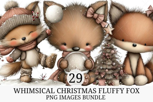 Whimsical Christmas Fluffy Fox Clipart Illustrations