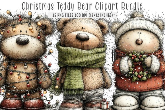 Whimsical Christmas Teddy Bear Clipart for Illustrations